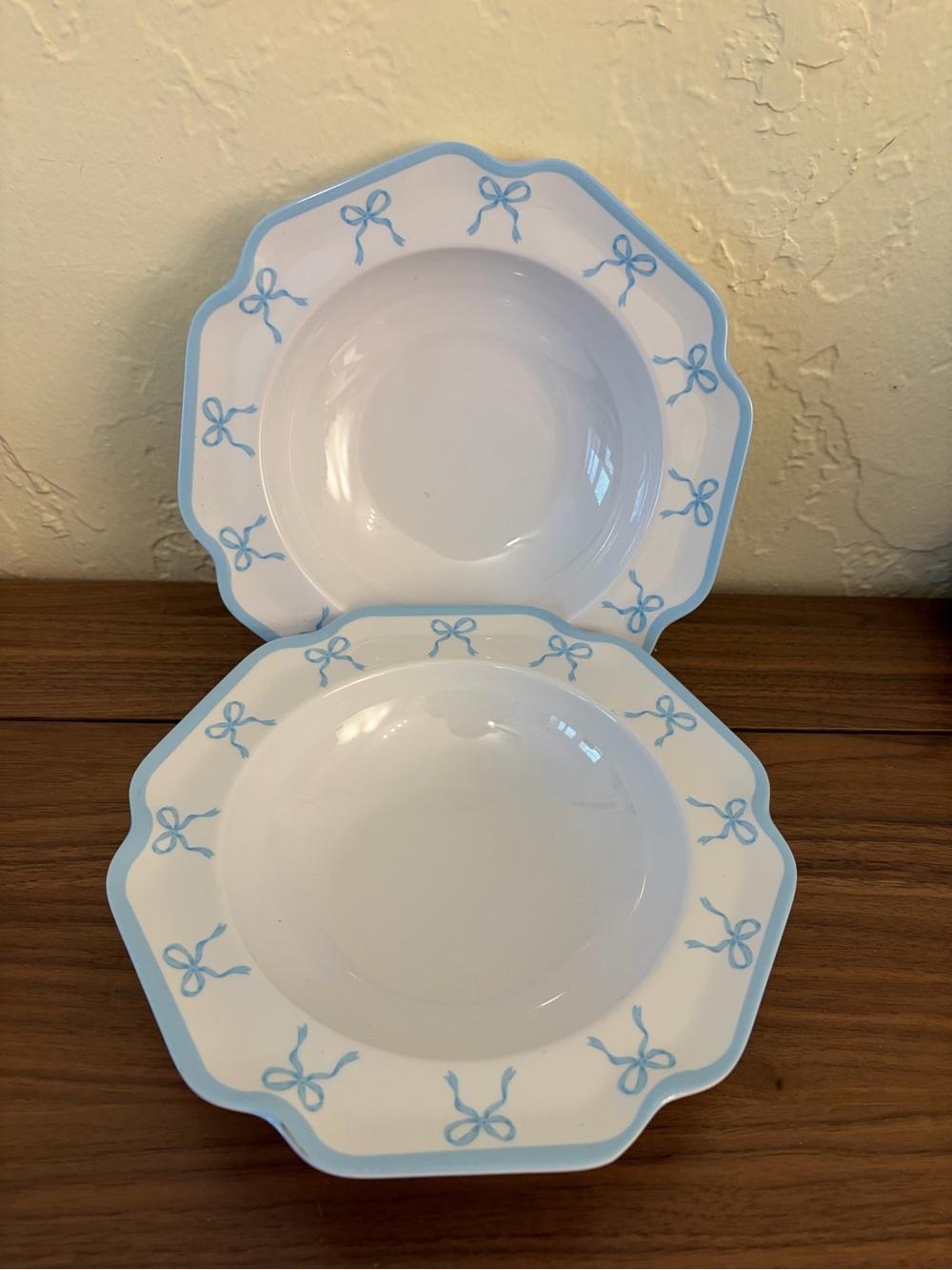 Shabby Chic White and Light Blue Bow-Trim Serving Bowls